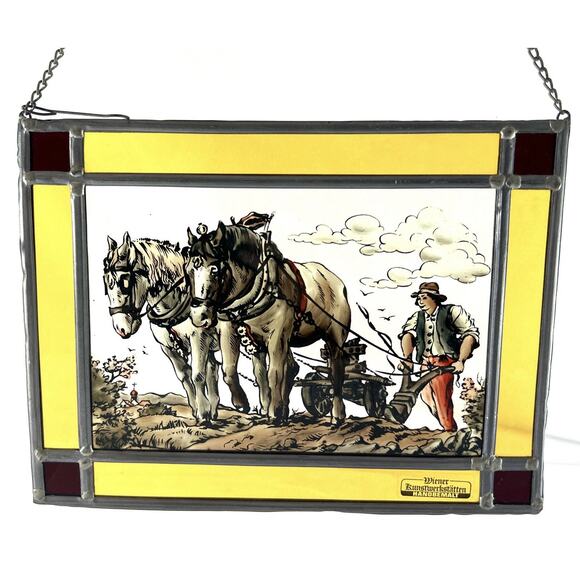 Wiener Kunstwerkstätten Handbemalt Stained Glass Panel Farmer w/ Horses Austria - Picture 1 of 6